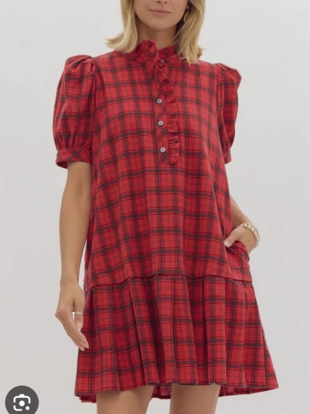 Entro Red Plaid Ruffle Trim Dress L